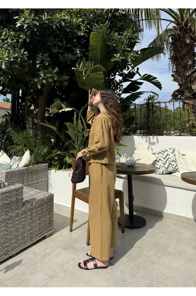 Diana Önü Bağlamalı Kısa Keten Yağ Yeşili Kimono Takım