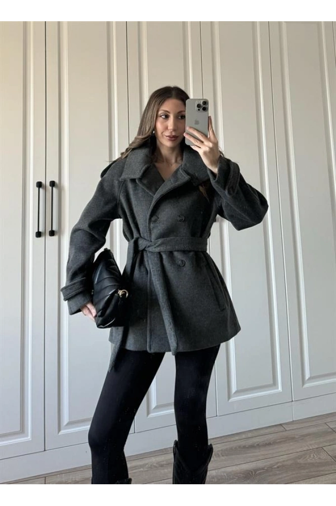 Dik Yaka Kruvaze Kuşaklı Antrasit Yün Kaban