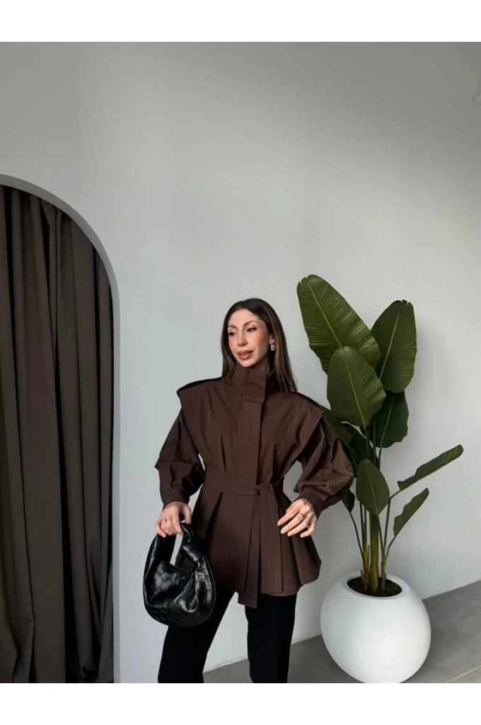 Dik Yaka Kuşaklı Kahve Premium Trençkot