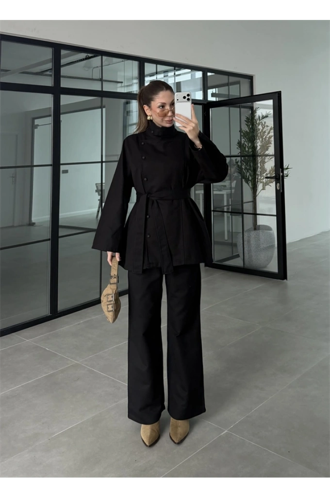 Dik Yaka Kuşaklı Siyah Denim Takım