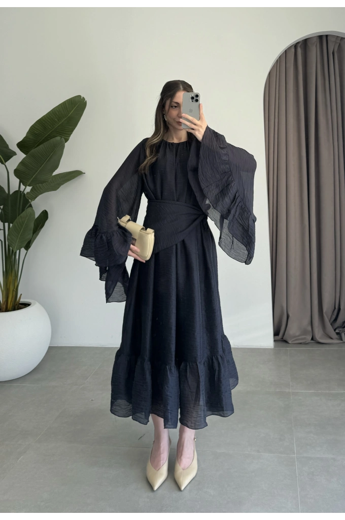 Diva Şallı Büzgülü Lacivert Elbise