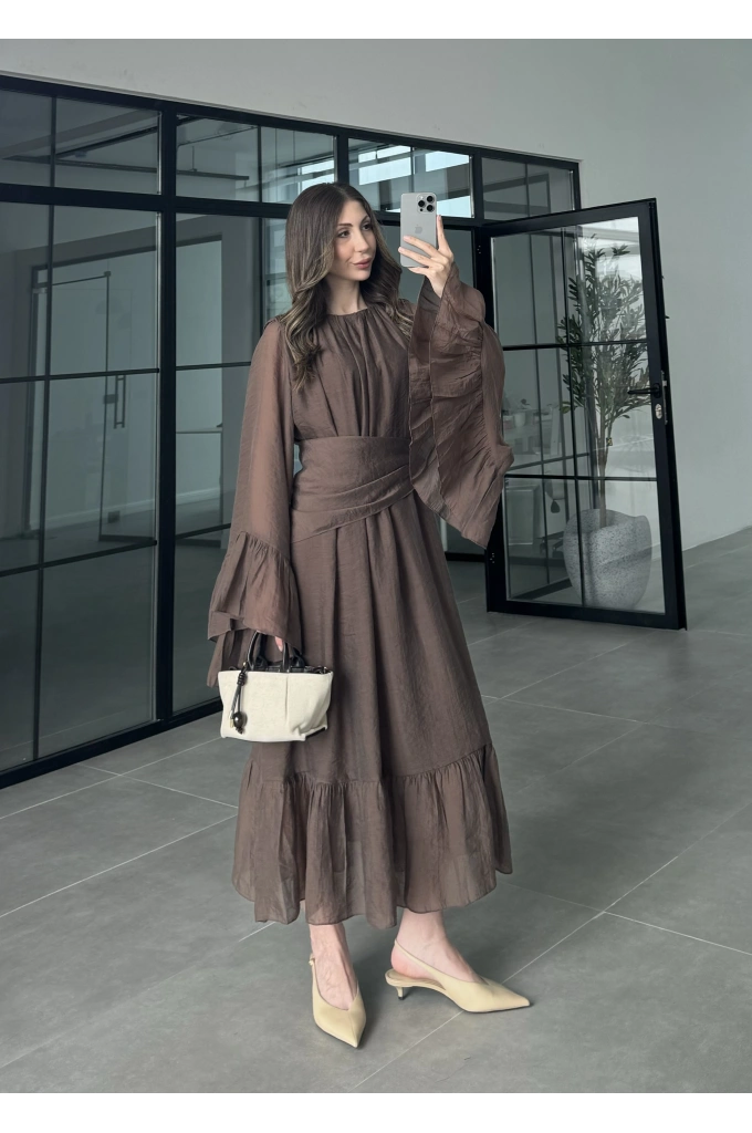 Diva Şallı Büzgülü Kahve Elbise