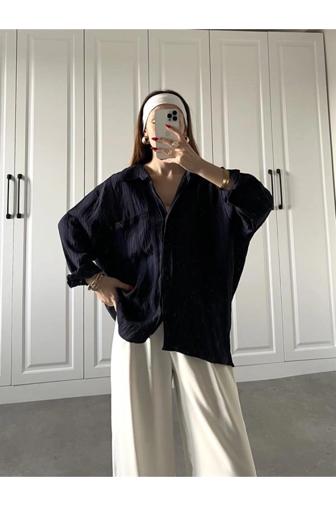 Dora Oversize Lacivert Tensel Gömlek