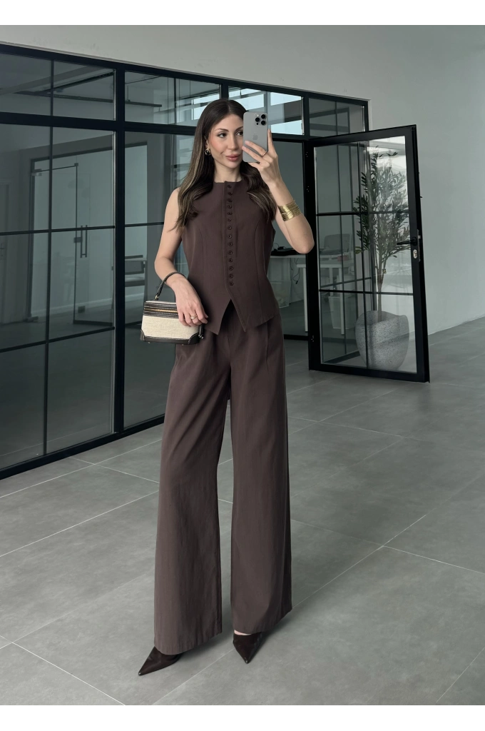 Düğmeli Fit Kahve Keten Takım