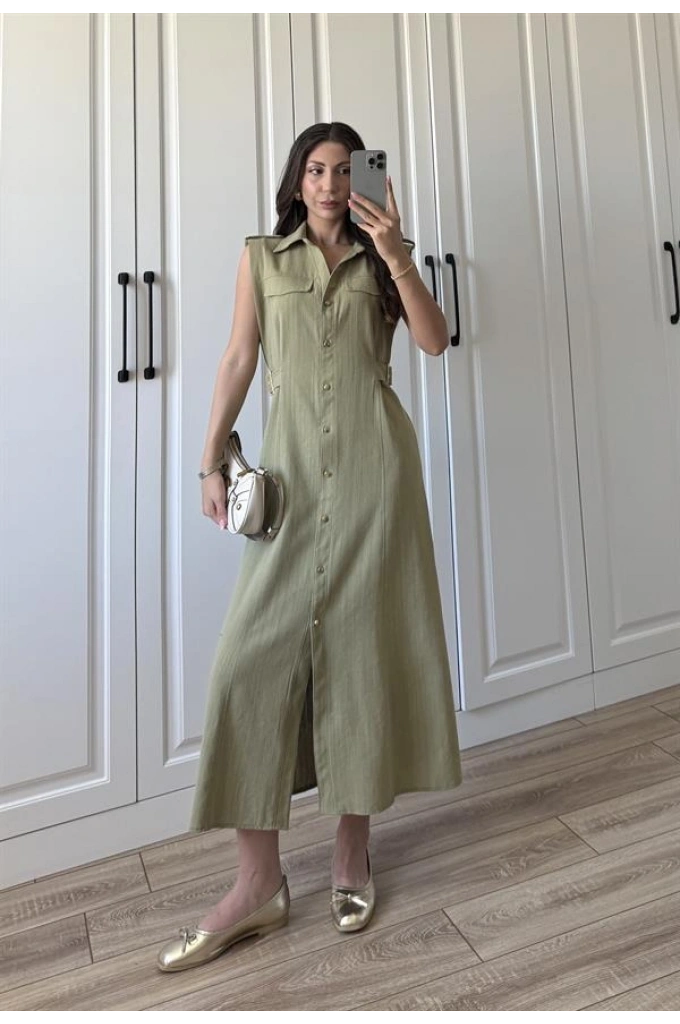 Düğmeli Keten Kemer Detaylı Uzun Haki Elbise
