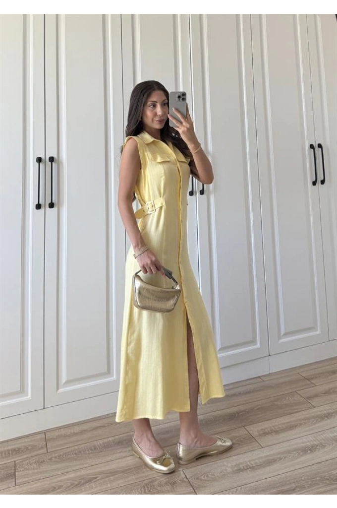 Düğmeli Keten Kemer Detaylı Uzun Sarı Elbise