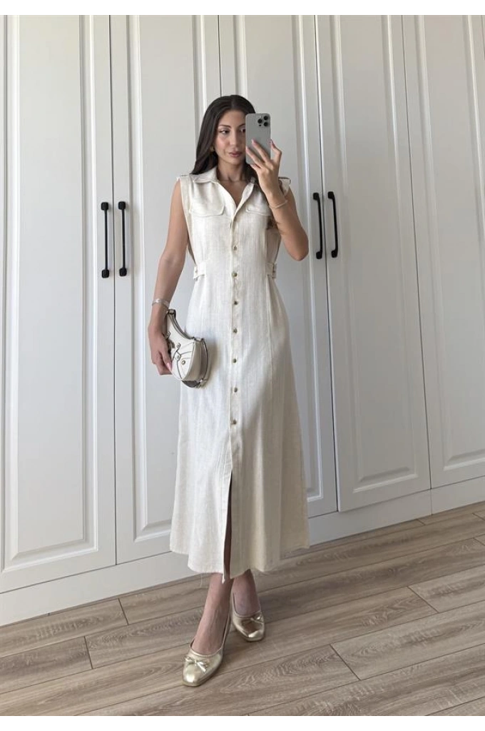 Düğmeli Keten Kemer Detaylı Uzun Taş Elbise