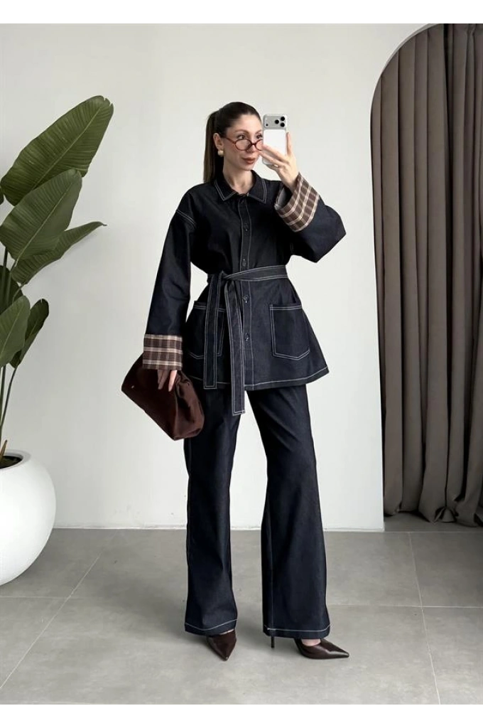 Ekose Bilek Detaylı Premium Kuşaklı Denim Takım