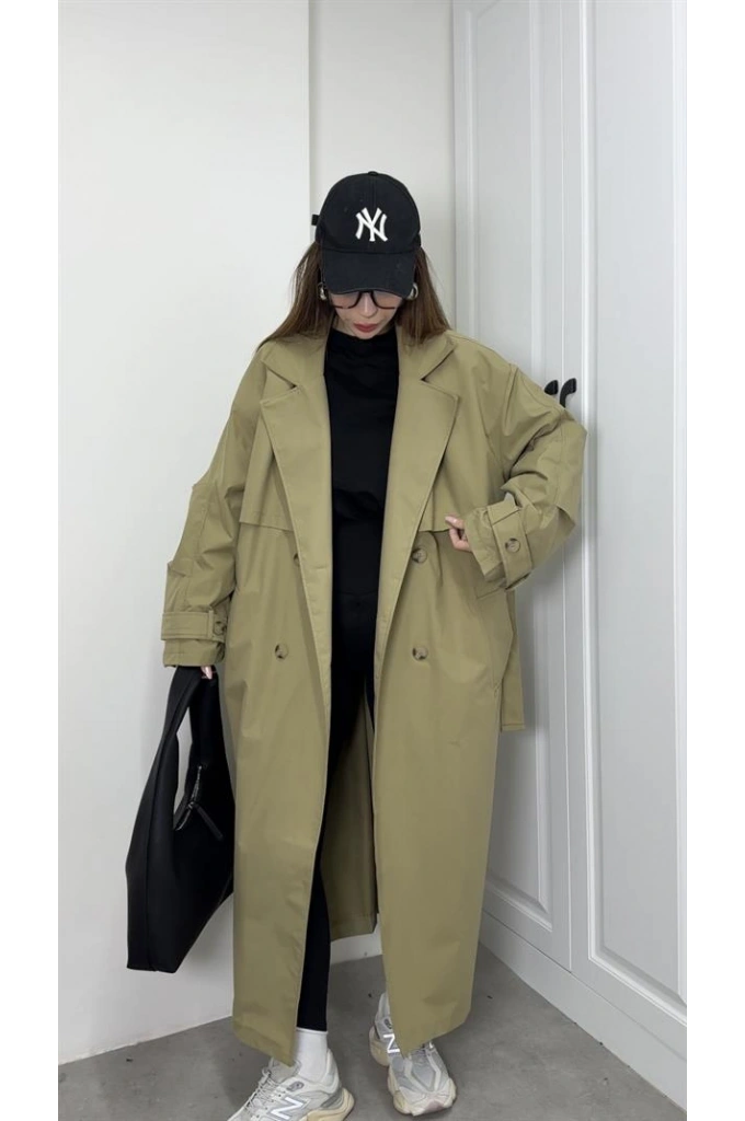 Ekstra Oversize Premium Açık Haki Trençkot