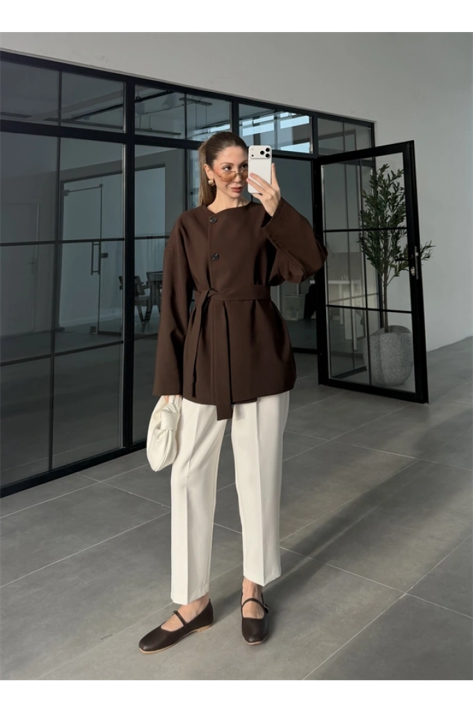 Elara Üç Düğme Kuşaklı Kahve Ceket