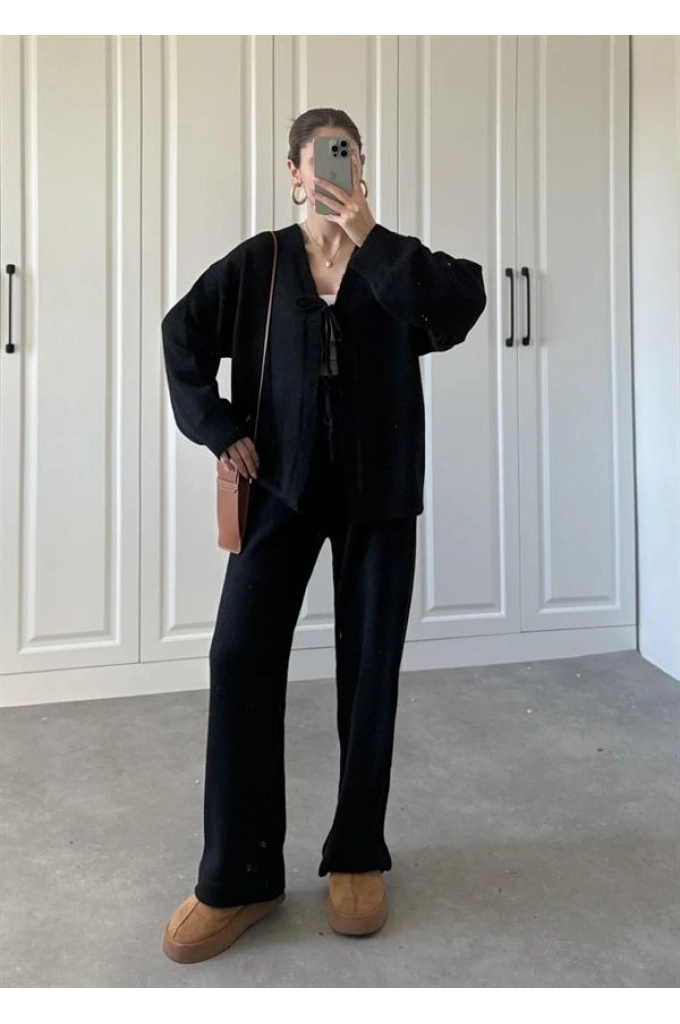 Esa Önü Bağlamalı Siyah Triko Hırka Takım