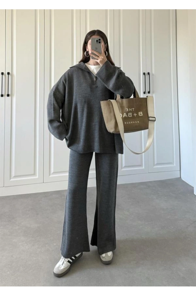 Fermuarlı Oversize Antrasit Triko Takım