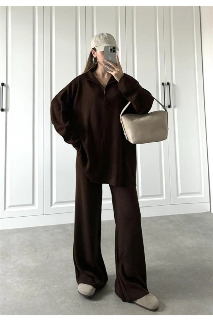 Fermuarlı Oversize Kahve Triko Takım