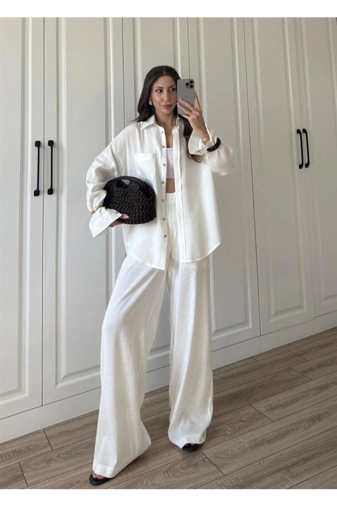 Fina Oversize Premium Keten Beyaz Takım