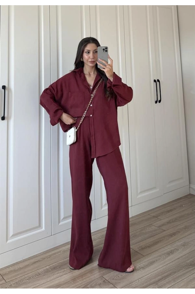 Fina Oversize Premium Keten Bordo Takım