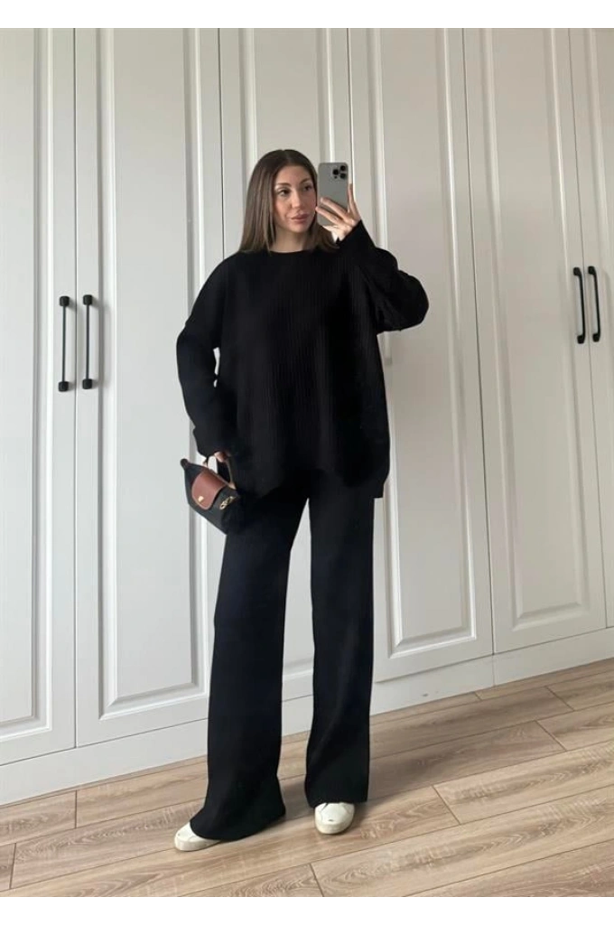 Fitilli Basic Oversize Siyah Triko Takım