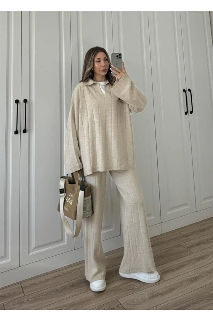 Fitilli Polo Yaka Taş Triko Takım