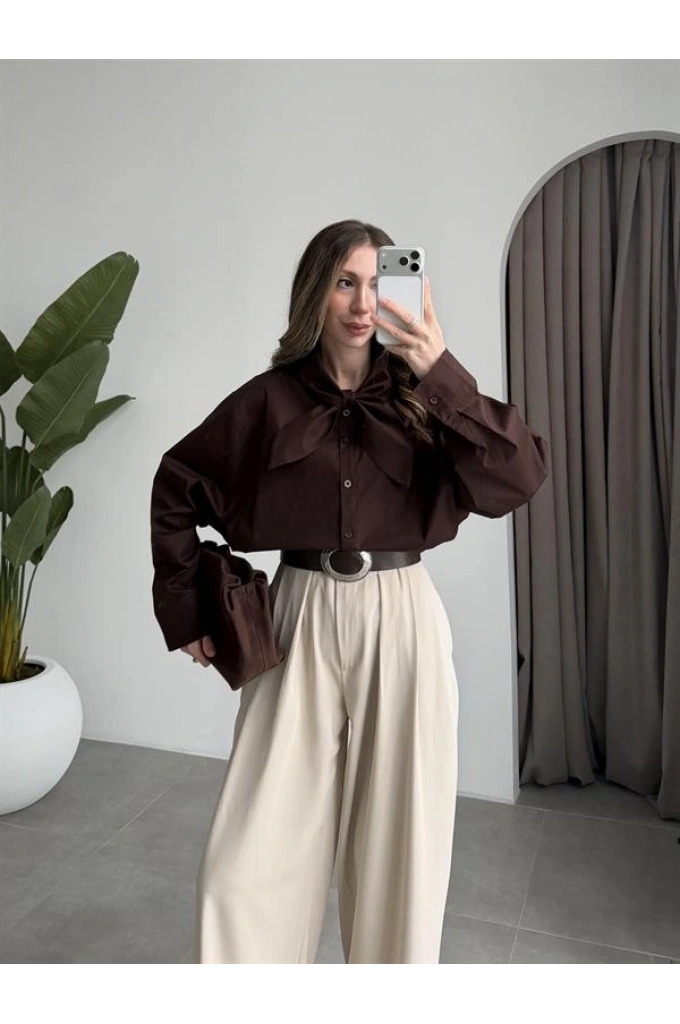 Fiyonklu Tasarım Poplin Kahve Poplin Gömlek