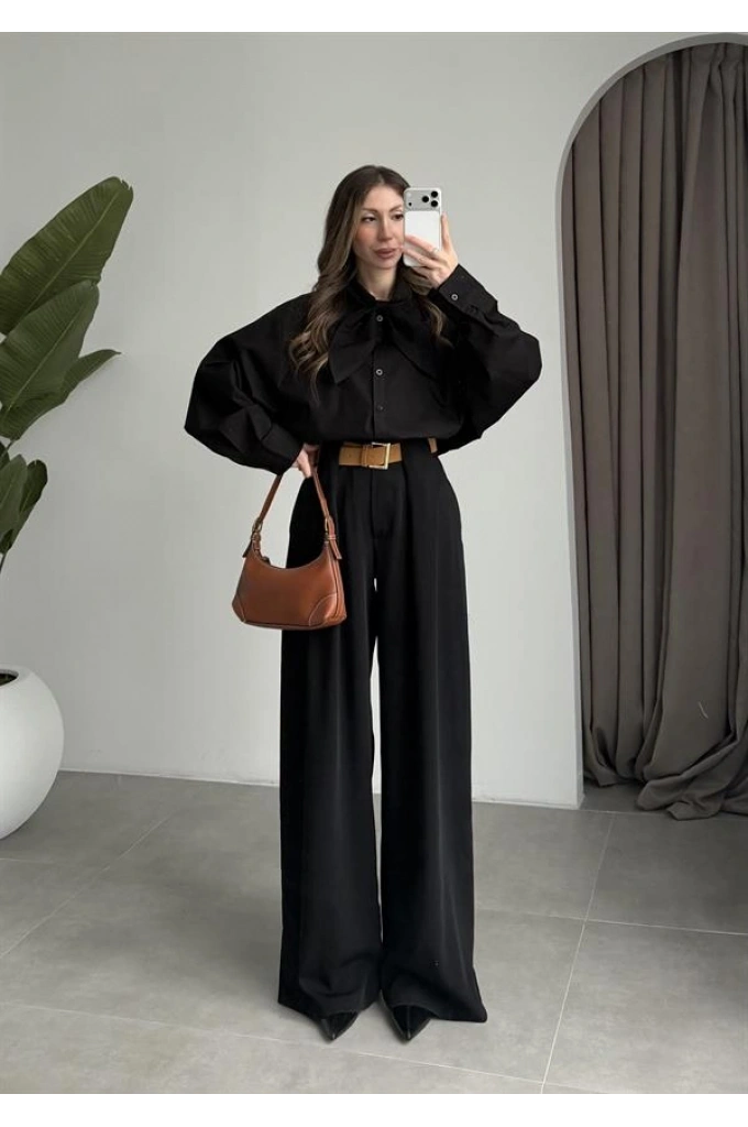 Fiyonklu Tasarım Poplin Siyah Poplin Gömlek