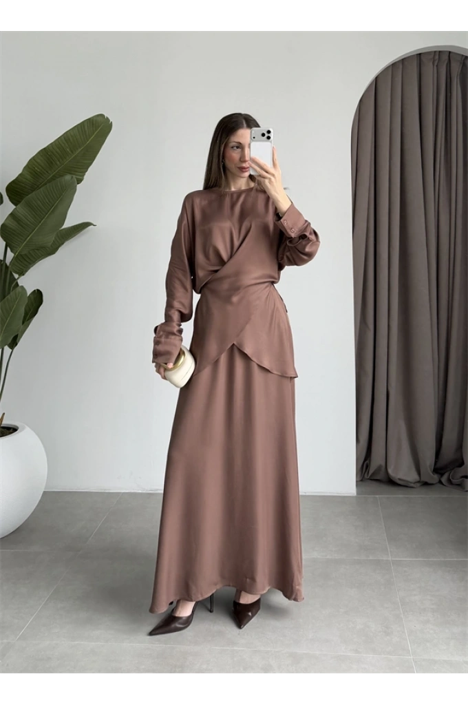 Floş Saten Bağlamalı Kahve Etek Takım