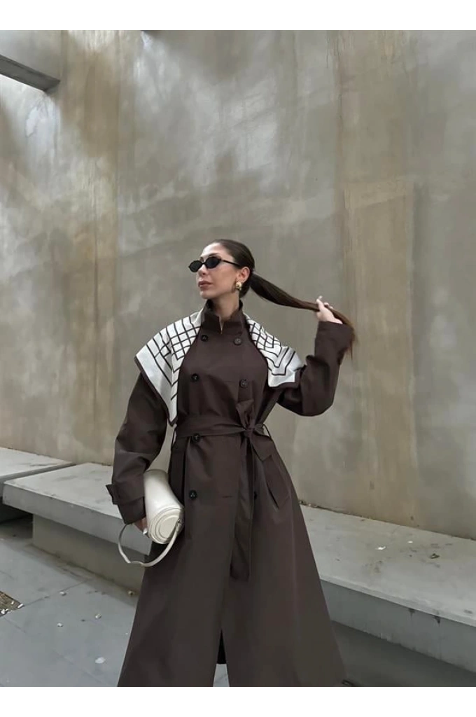 Fularlı Oversize Premium Kahve Trençkot