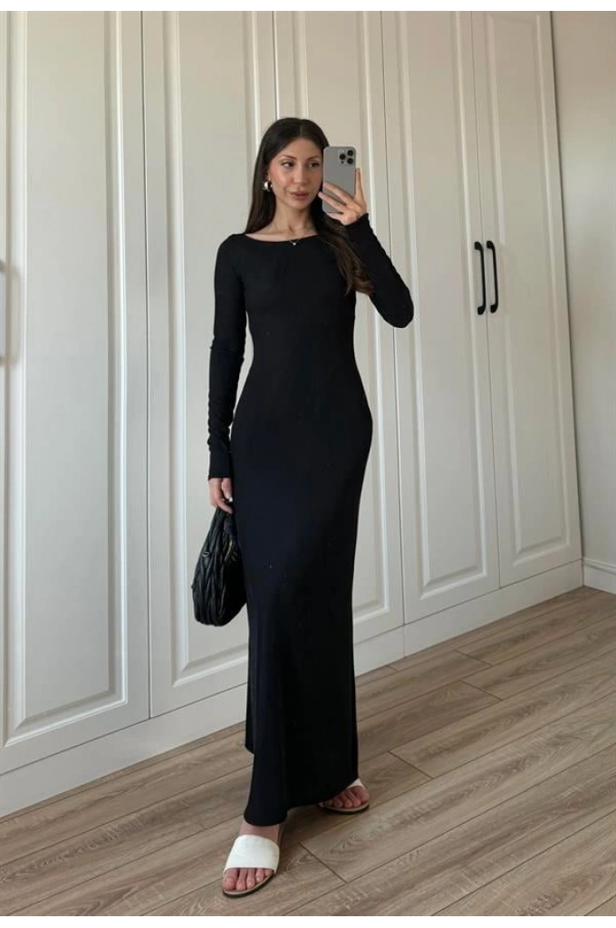 Geniş Yaka Siyah Fitilli Basic Uzun Elbise