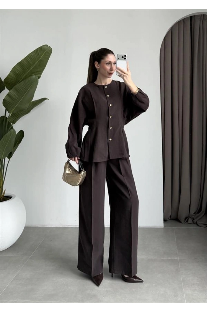 Gold Düğmeli Pile Detaylı Kahve Takım