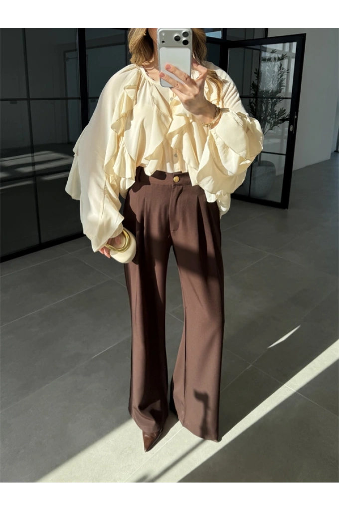 Gold Düğmeli Pileli Kahve Palazzo Pantolon