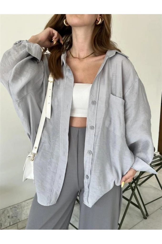 Gri Oversize Tensel Gömlek