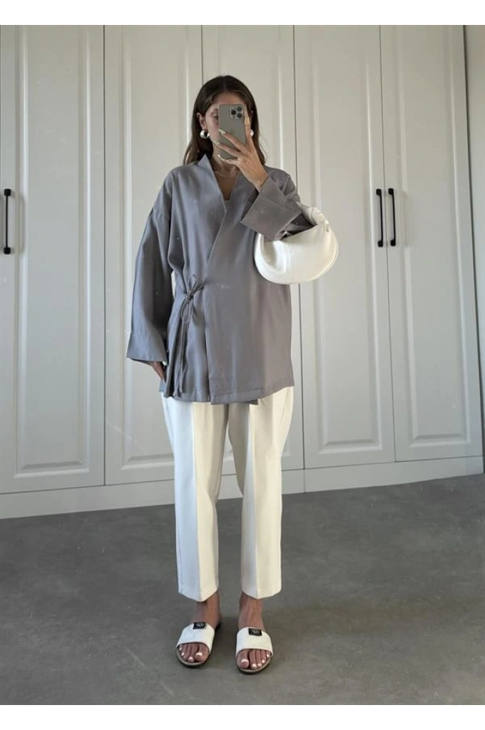 Gri Yandan Bağlamalı Tensel Kimono Ceket