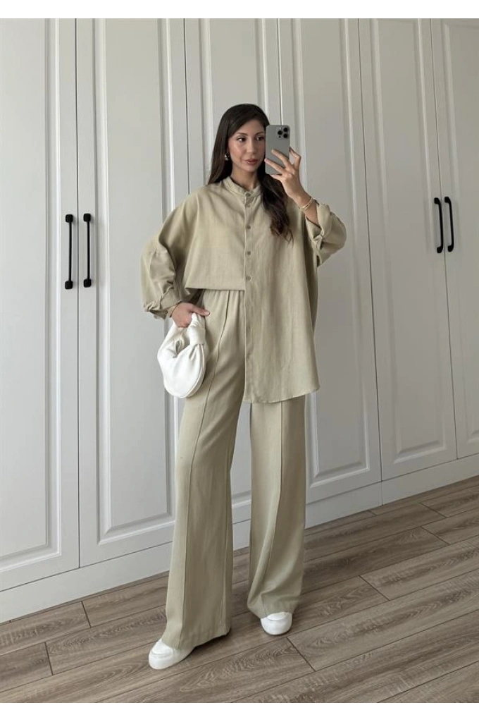 Hakim Yaka Nervür Dikişli Çağla Keten Takım