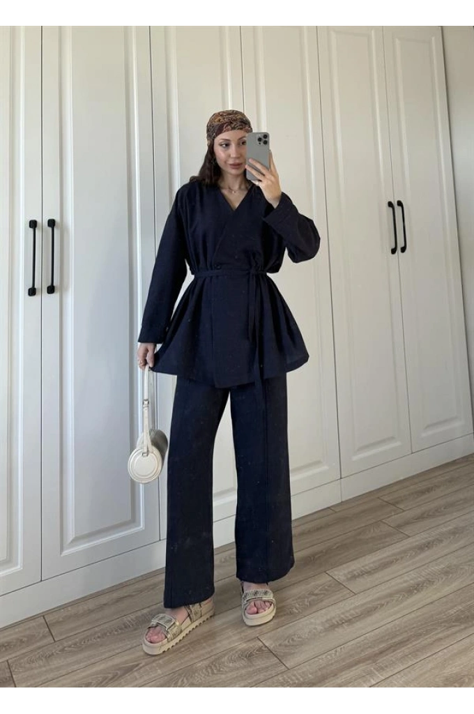 Hazen Tek Düğmeli Kuşaklı Lacivert Keten Takım