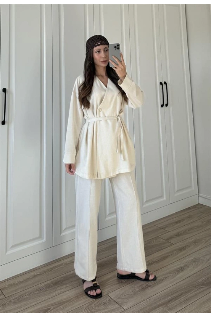 Hazen Tek Düğmeli Kuşaklı Taş Keten Takım