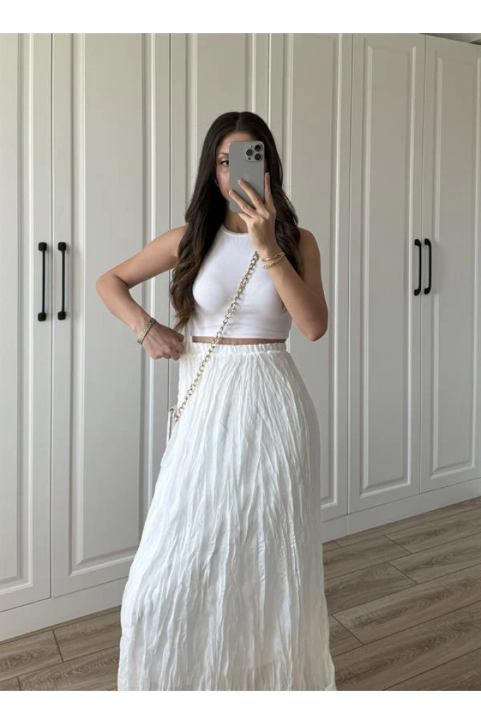 Holla Astarlı Kırışık Beyaz Tül Etek