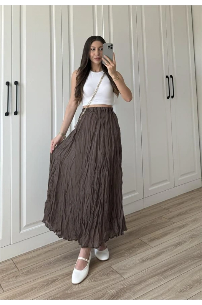 Holla Astarlı Kırışık Kahve Tül Etek