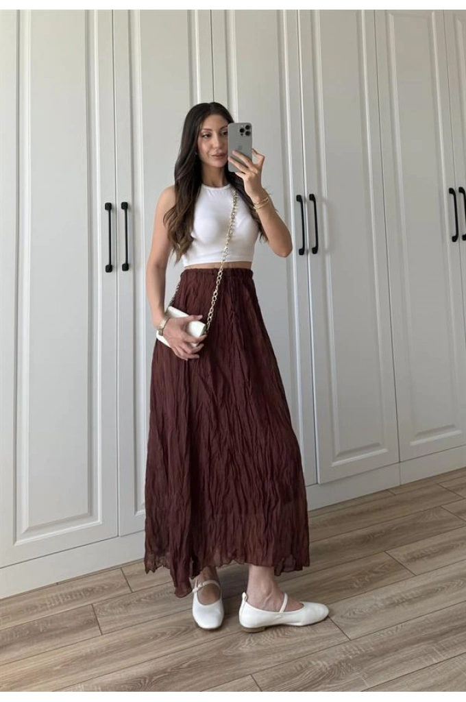 Holla Astarlı Kırışık Tarçın Tül Etek