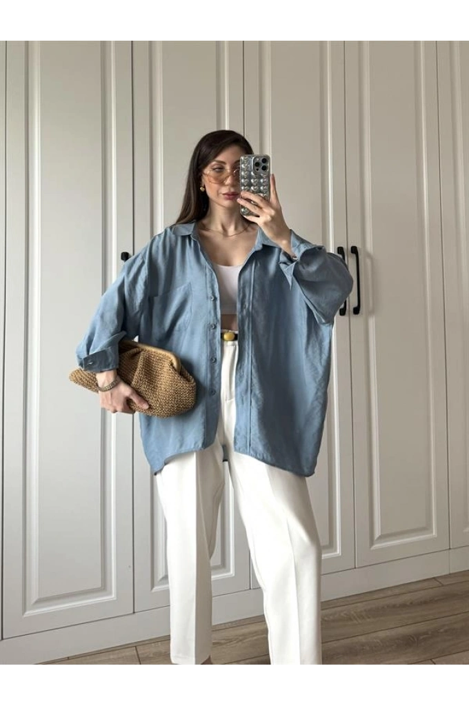 İndigo Oversize Tensel Gömlek