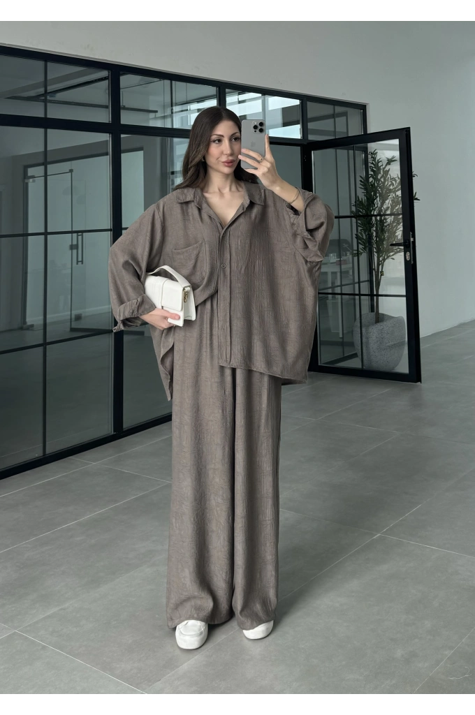 İthal Kumaş Desenli Oversize Duman Gömlek Takım