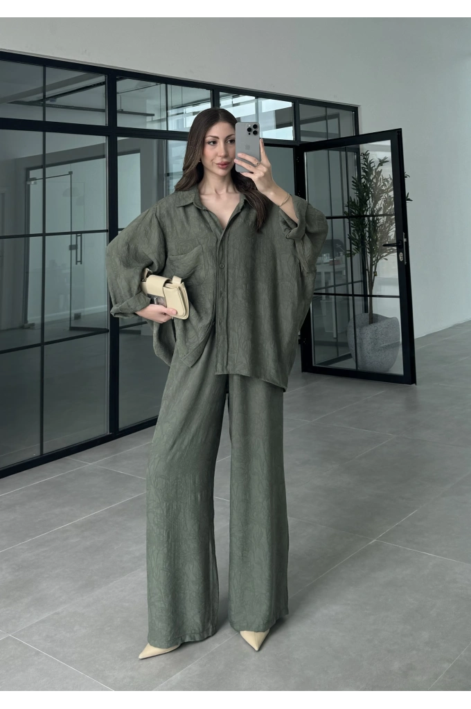İthal Kumaş Desenli Oversize Haki Gömlek Takım
