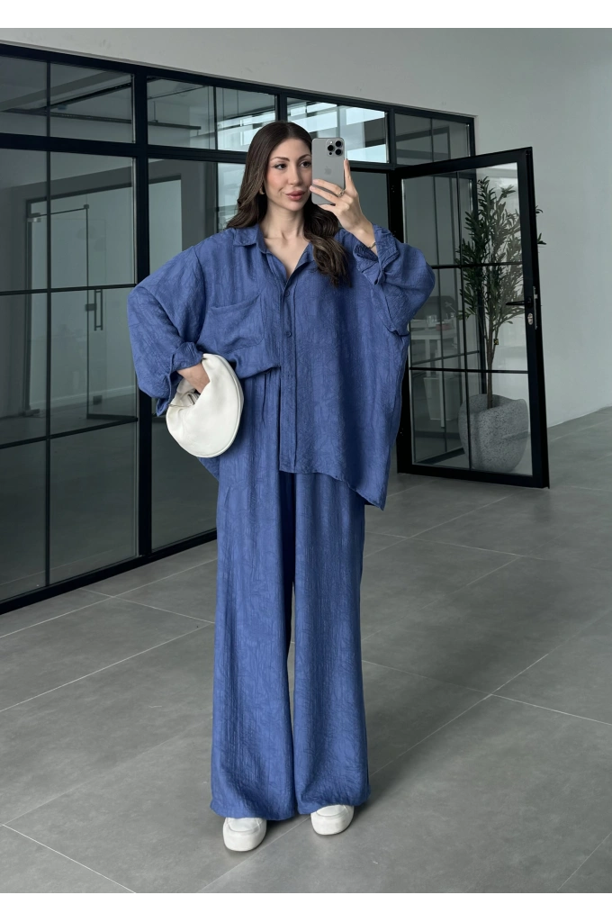İthal Kumaş Desenli Oversize Saks Mavi Gömlek Takım