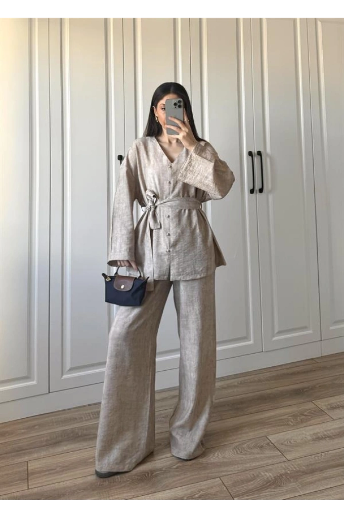 İthal Kumaş Kuşaklı Premium Taş Gömlek Takım