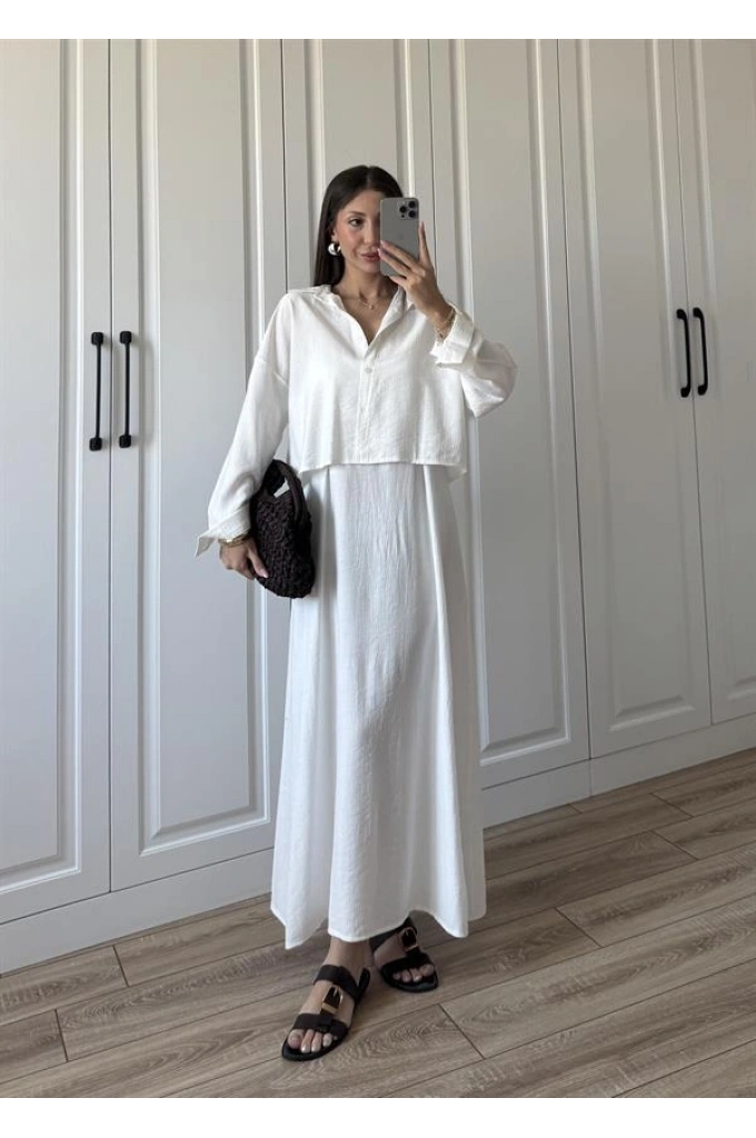 İthal Kumaş Premium Askılı Beyaz Gömlek Elbise