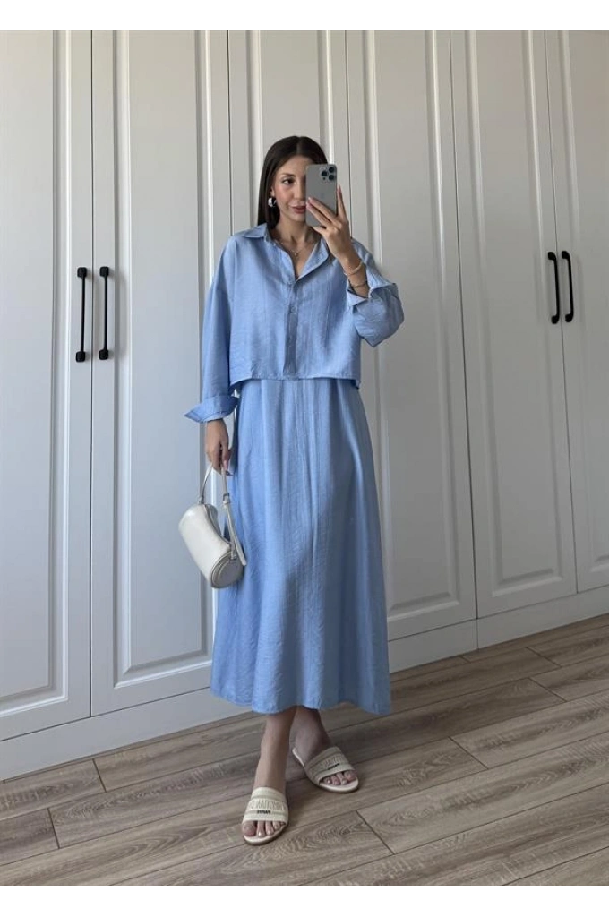 İthal Kumaş Premium Askılı Mavi Gömlek Elbise