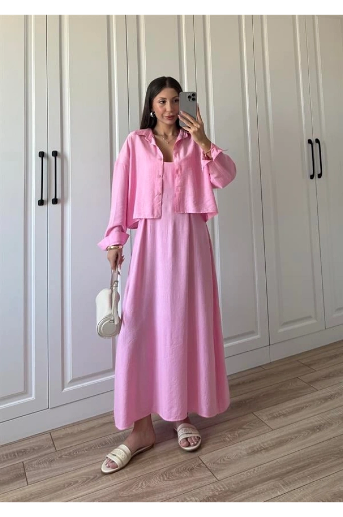 İthal Kumaş Premium Askılı Pembe Gömlek Elbise