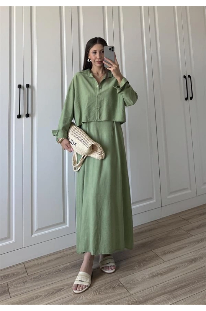 İthal Kumaş Premium Askılı Yeşil Gömlek Elbise
