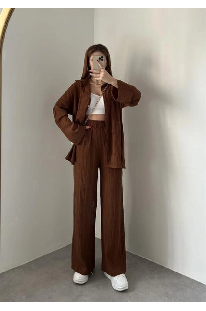 Kahve Gofre Gömlek Takım