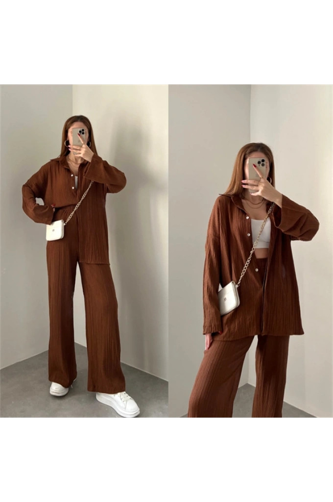 Kahve Gofre Gömlek Takım