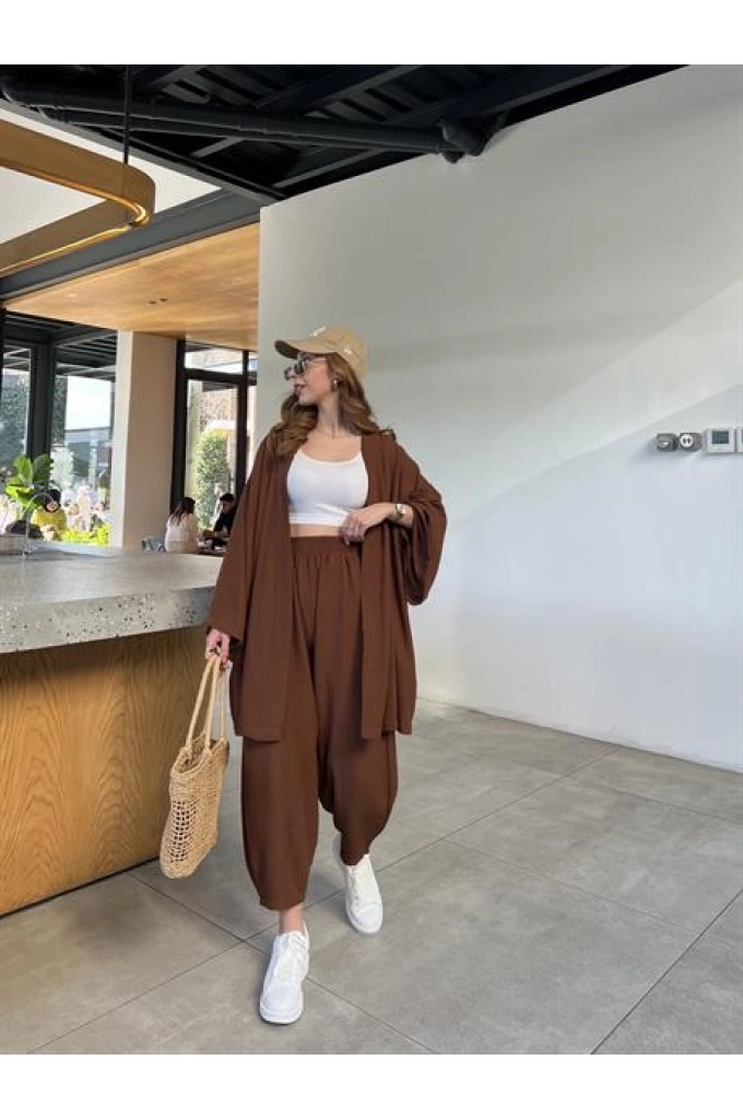 Kahve Gofre Kimono Takım