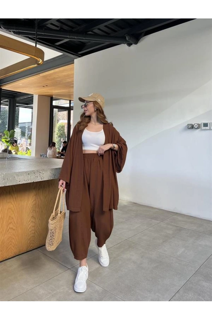 Kahve Gofre Kimono Takım