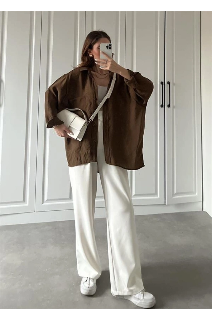 Kahve Oversize Tensel Gömlek